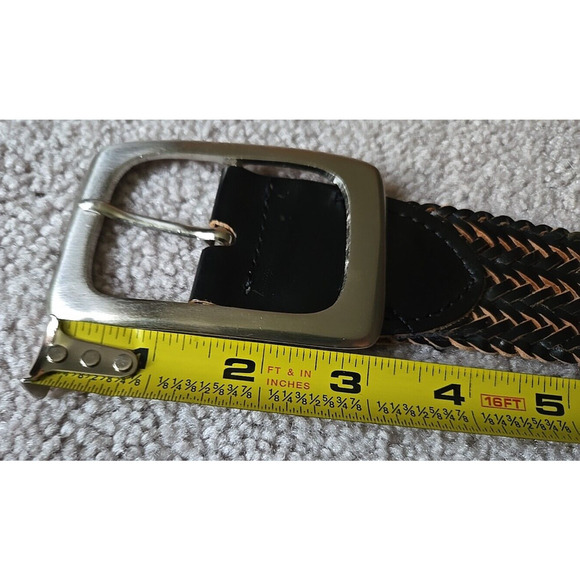 Women's Wide Braided Leather Belt Etched Silver Tone Buckle Woven Fringe - Picture 6 of 8